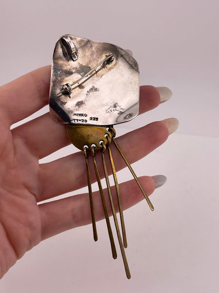 sterling silver & brass artisan tassel pendant brooch