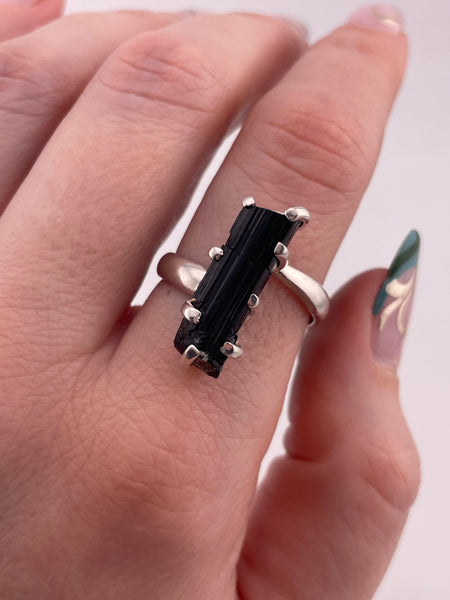 size 8.5-9.5 adjustable sterling silver black tourmaline ring **AS IS**