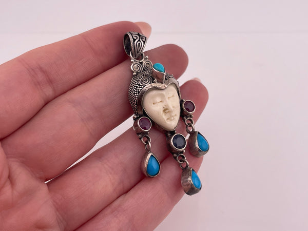 sterling silver plastic face synthetic turquoise faceted garnet iolite pendant