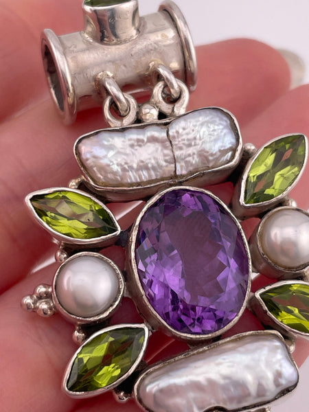 sterling silver faceted amethyst peridot pearl pendant