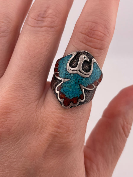 size 8.5 sterling silver crushed turquoise & coral bird ring