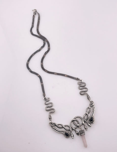 sterling silver 20" entwined snake onyx rose quartz crystal point necklace