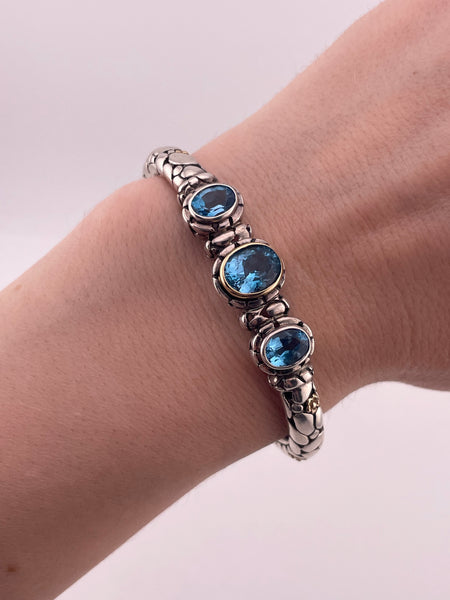 sterling silver & 14k gold faceted blue topaz cuff bracelet