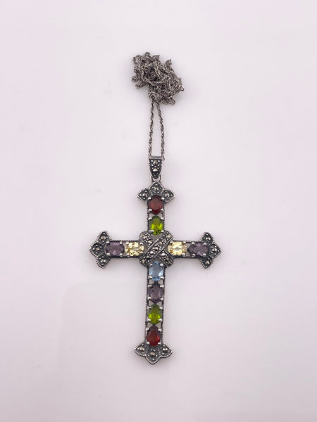 sterling silver large colorful multi-glass marcasite cross pendant necklace