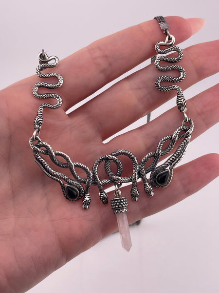 sterling silver 20" entwined snake onyx rose quartz crystal point necklace