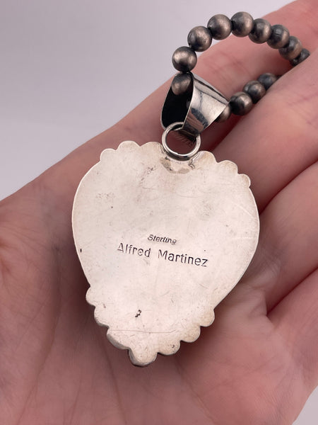 sterling silver 24" Alfred Martinez carved turquoise heart pendant pearl strand necklace