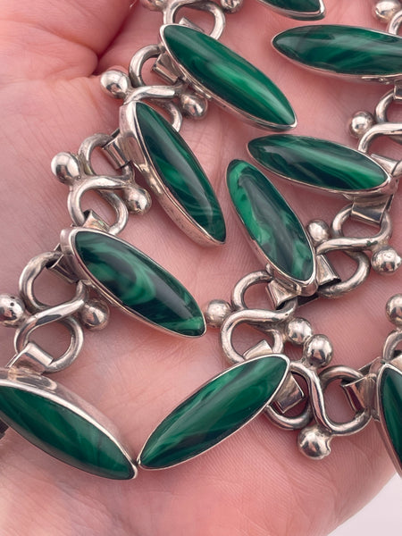 sterling silver 17 1/2" Mexican synthetic malachite collar necklace