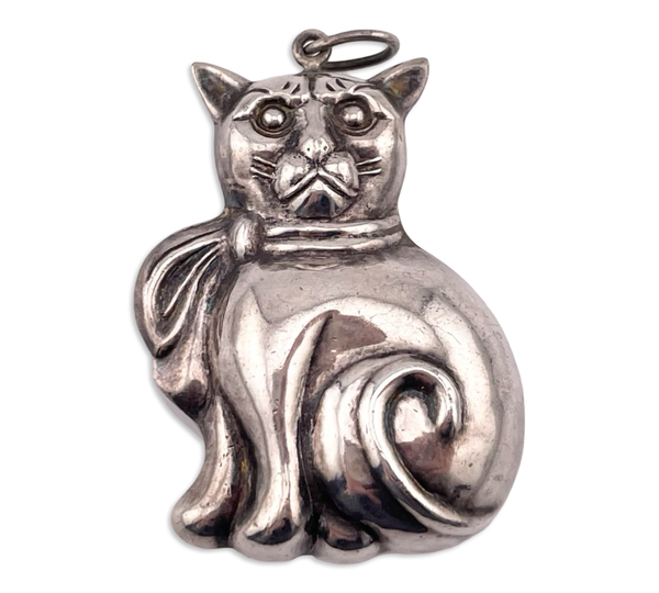 sterling silver large 3D puffy cat pendant