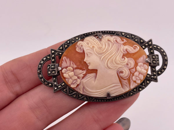 sterling silver carved shell cameo marcasite brooch