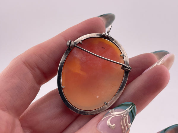 800 silver marcasite carved shell cameo brooch / pendant **AS IS**