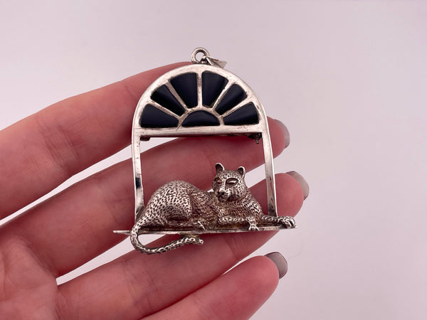 sterling silver cat on window black resin brooch pendant