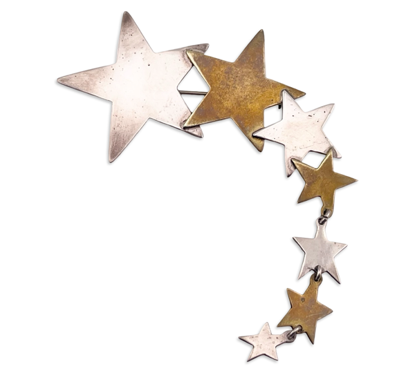 sterling silver & brass large Mexican stars dangle brooch pin