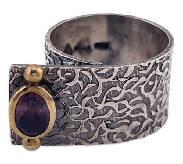 size 7 sterling silver & brass designer Bora faceted amethyst high profile ring