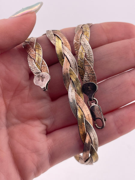sterling silver gold wash 18" tri-color woven textured herringbone chain necklace