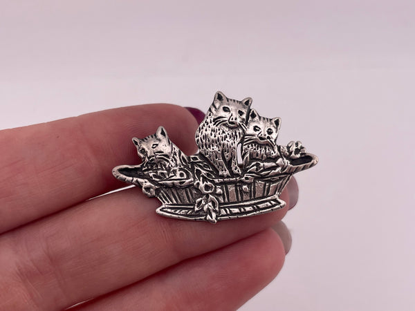 sterling silver cats in a basket pendant brooch pin combo