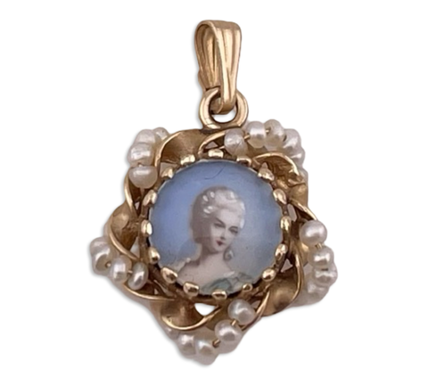 14k yellow gold seed pearl woman portrait pendant