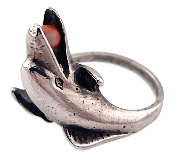 size 5.5 sterling silver dolphin red bead ring