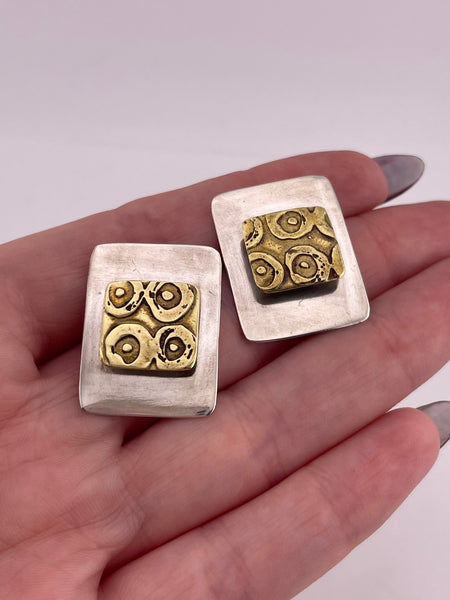 sterling silver & brass artisan Jane Edsall stoneless rectangle post earrings