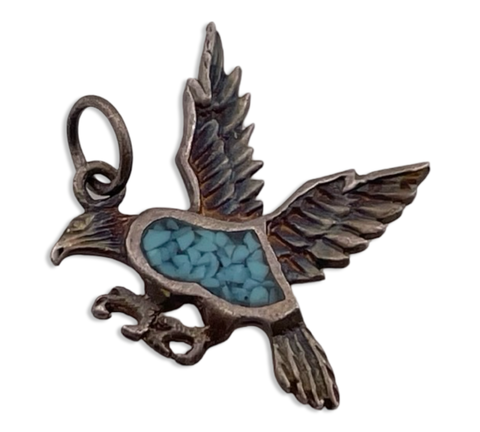 sterling silver crushed turquoise eagle bird pendant