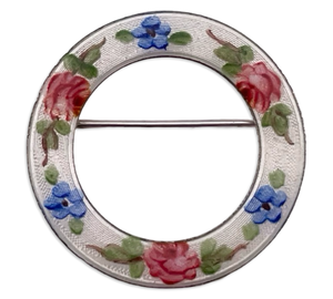 sterling silver painted flower enamel round brooch pin