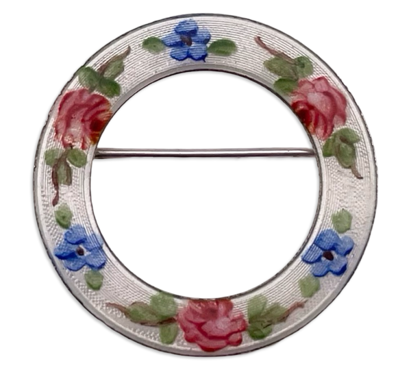sterling silver painted flower enamel round brooch pin