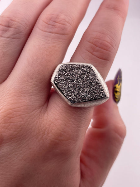 size 7.75 sterling silver textured brushed matte finish chunky druzy doublet ring