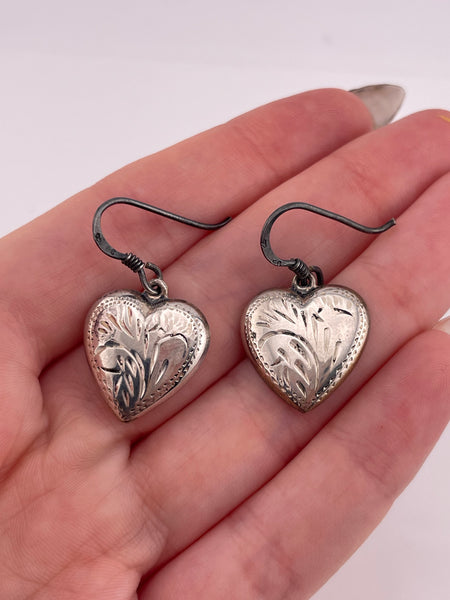 sterling silver rhodium plated etched heart hook dangle earrings