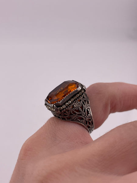 size 3.75 sterling silver faceted orange glass faux pearl ring ***AS IS***