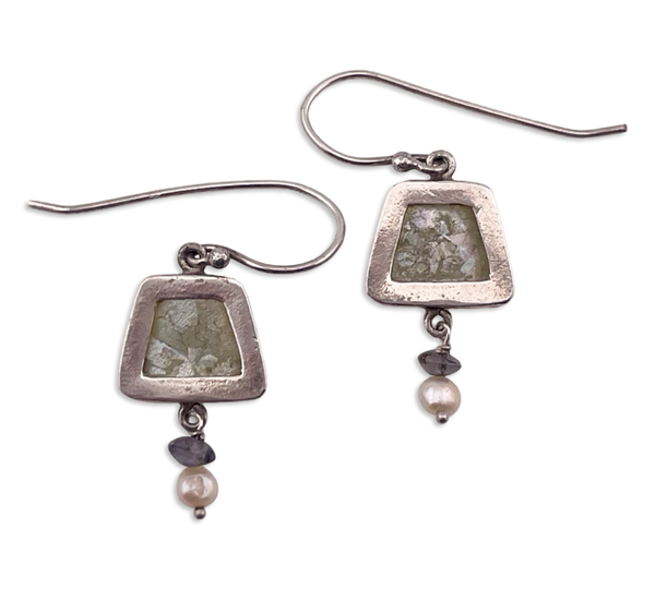 sterling silver Roman glass pearl hook dangle earrings