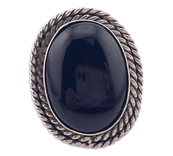 size 7.25 sterling silver Mexican black glass ring ***AS IS***