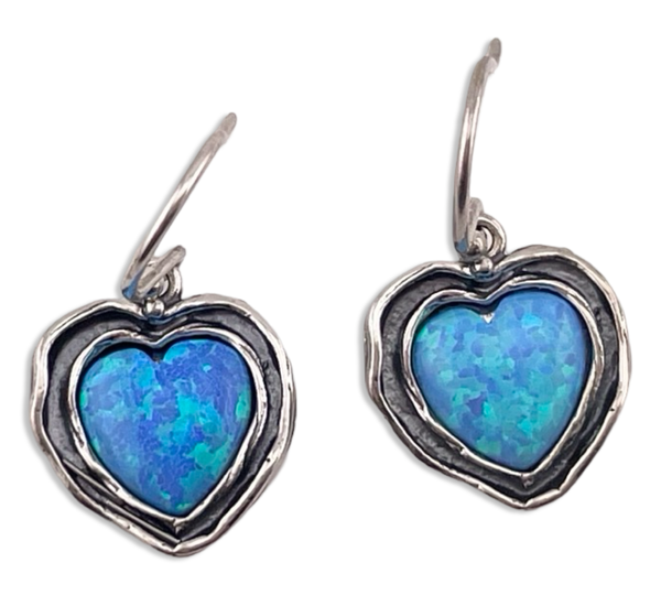 sterling silver lab opal heart hook dangle earrings