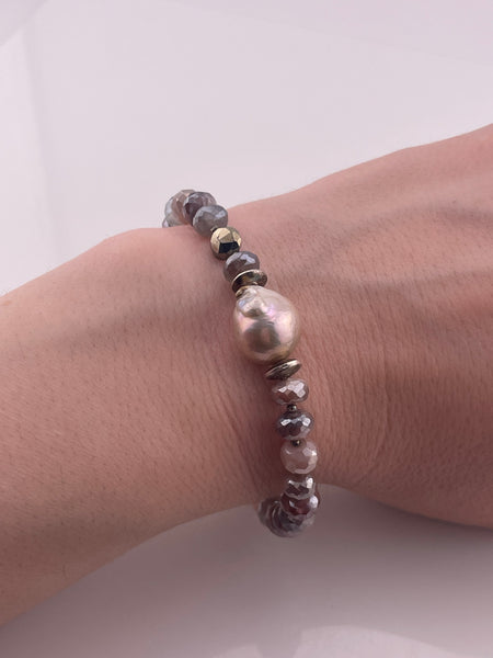 sterling silver 7" to 8-1/8" faceted plastic bead pearl toggle bracelet