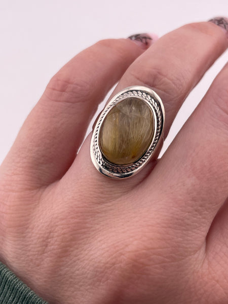 size 7.25 sterling silver oval rutilated quartz rope border ring