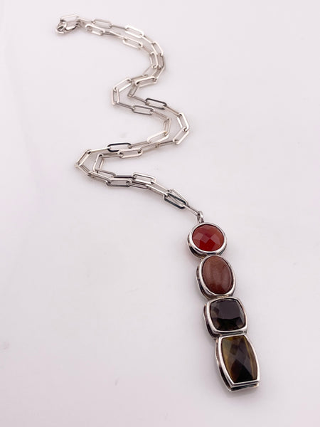 sterling silver multi-gemstone pendant paperclip chain necklace