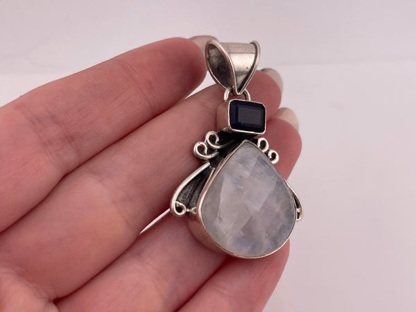 sterling silver rainbow moonstone faceted purple glass pendant