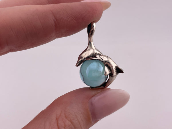 sterling silver dolphin blue glass gazing ball pendant