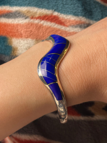 sterling silver Mexican chunky synthetic lapis hinge bangle bracelet