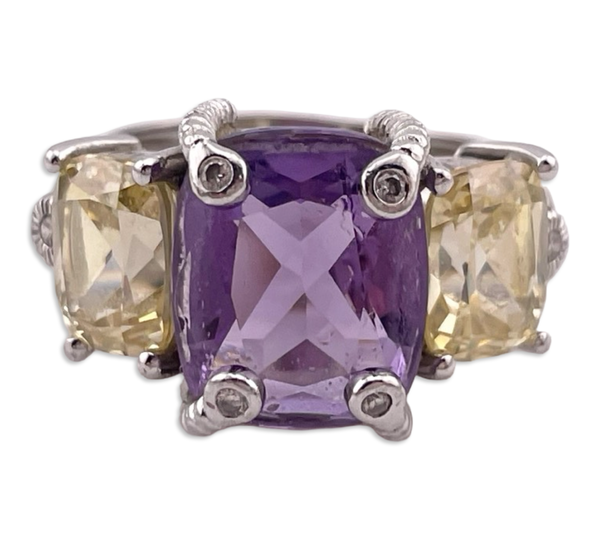 size 7 sterling silver Judith Ripka rhodium plated amethyst lab diamond yellow stone ring