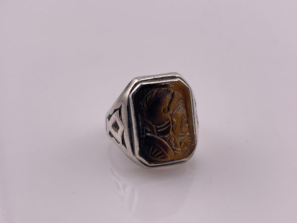 size 7.75 sterling silver carved tigers eye cameo knight ring ***AS IS***
