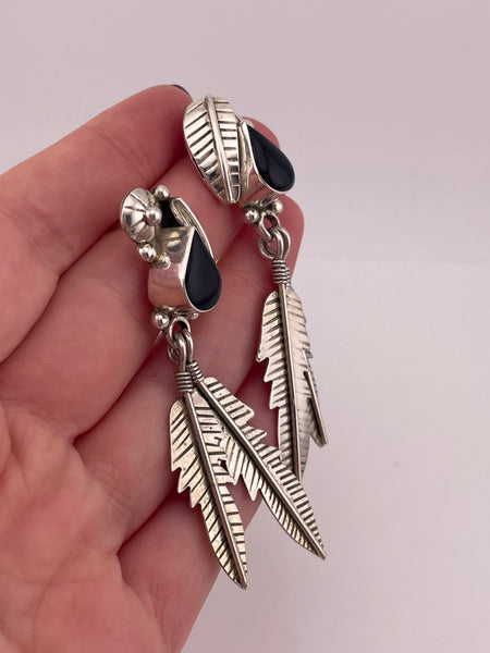 sterling silver 2-5/8" Mexican black resin feather post earrings
