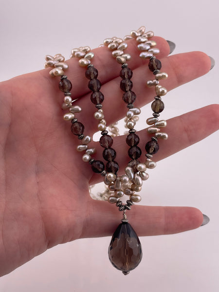 sterling silver component 17" double strand pearl faceted smoky quartz necklace