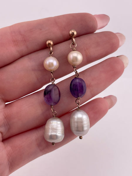 sterling silver gold wash pearl amethyst post earrings