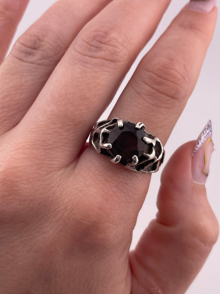 size 9 sterling silver brutalist faceted smoky glass ring ***Scratched Glass***