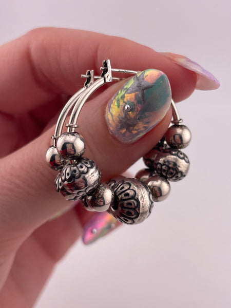 sterling silver stamped bead hoop earrings