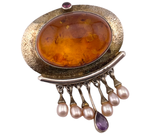 sterling silver gold wash amber, amethyst, & pearl fringe brooch / pendant