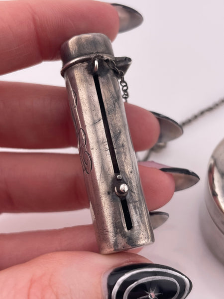 sterling silver antique chatelaine powder compact & lipstick holder **AS IS**