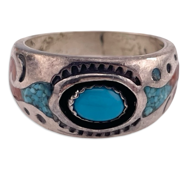 size 6 sterling silver turquoise crushed turquoise coral ring