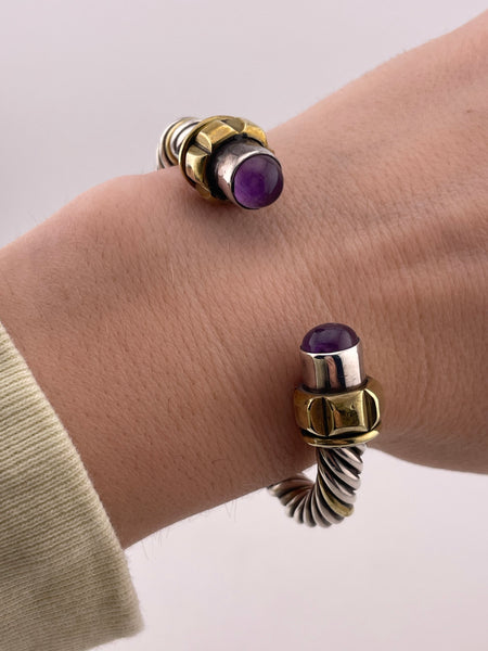 sterling silver & brass heavy cable twist amethyst cuff bracelet