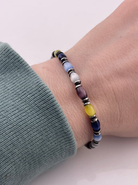 sterling silver 7 3/4" glass cat's eye toggle clasp link bracelet