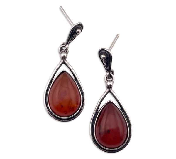 sterling silver pear shape amber post dangle earrings